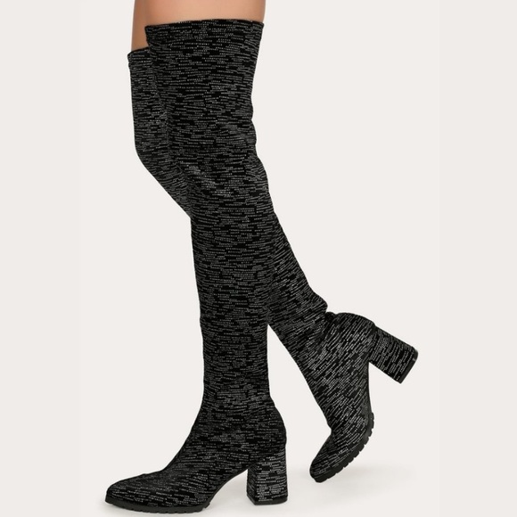 Sparkly Velvet Pointed Toe Thigh High Over the Knee Lugged Boot - Picture 2 of 12